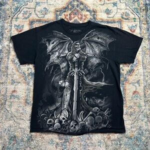 Vintage Y2K Liquid Blue Skulls All Over Print T-shirt Large